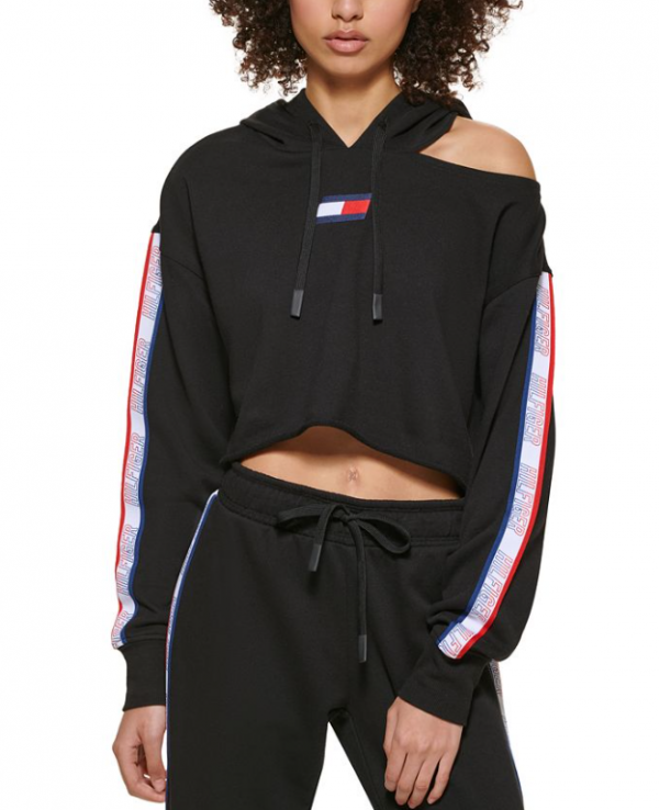 Hoodie Crop dengan Aksen Tali Serut